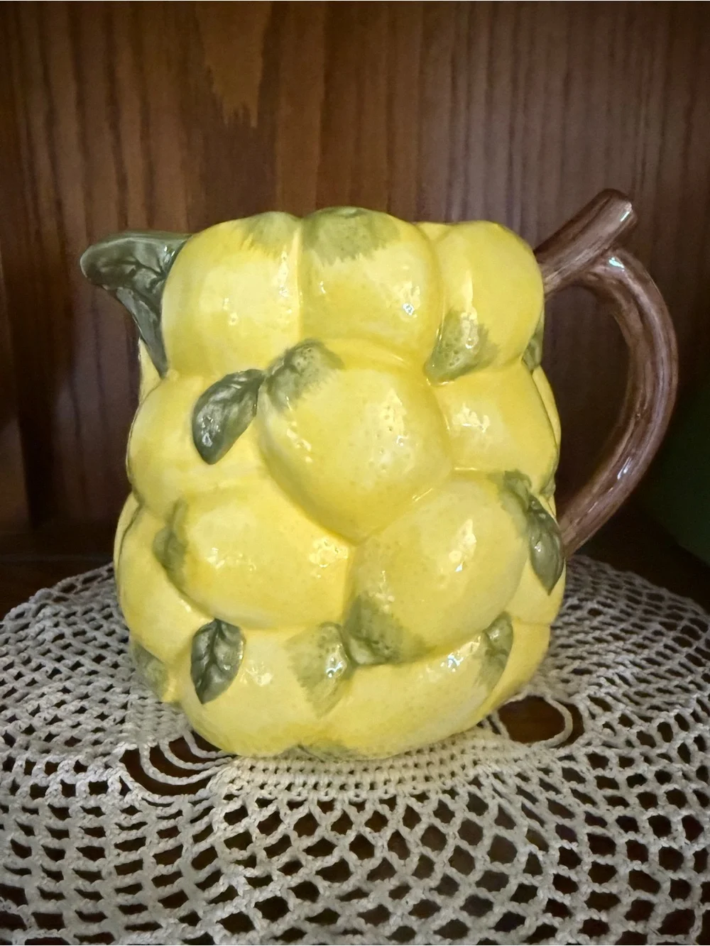 Hand-Painted Yellow Ceramic Lemon Pitcher with Leaf Accents